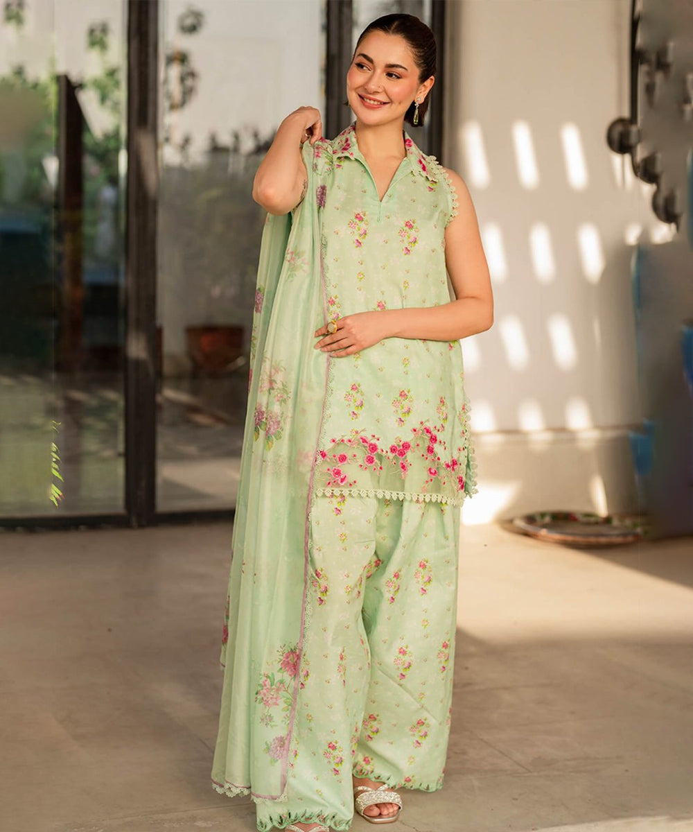 3PC-Printed Lawn Shirt With Voile Printed Dupatta-1551