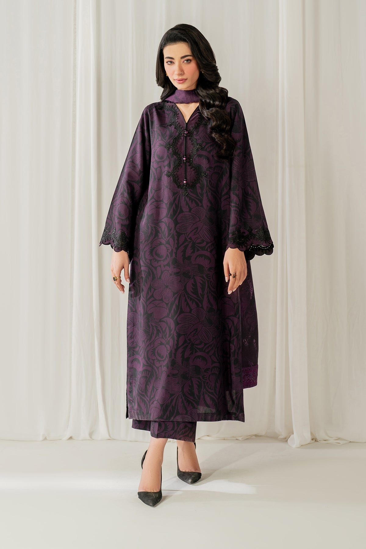 3PC-Printed Lawn Shirt With Voile Printed Dupatta-1550