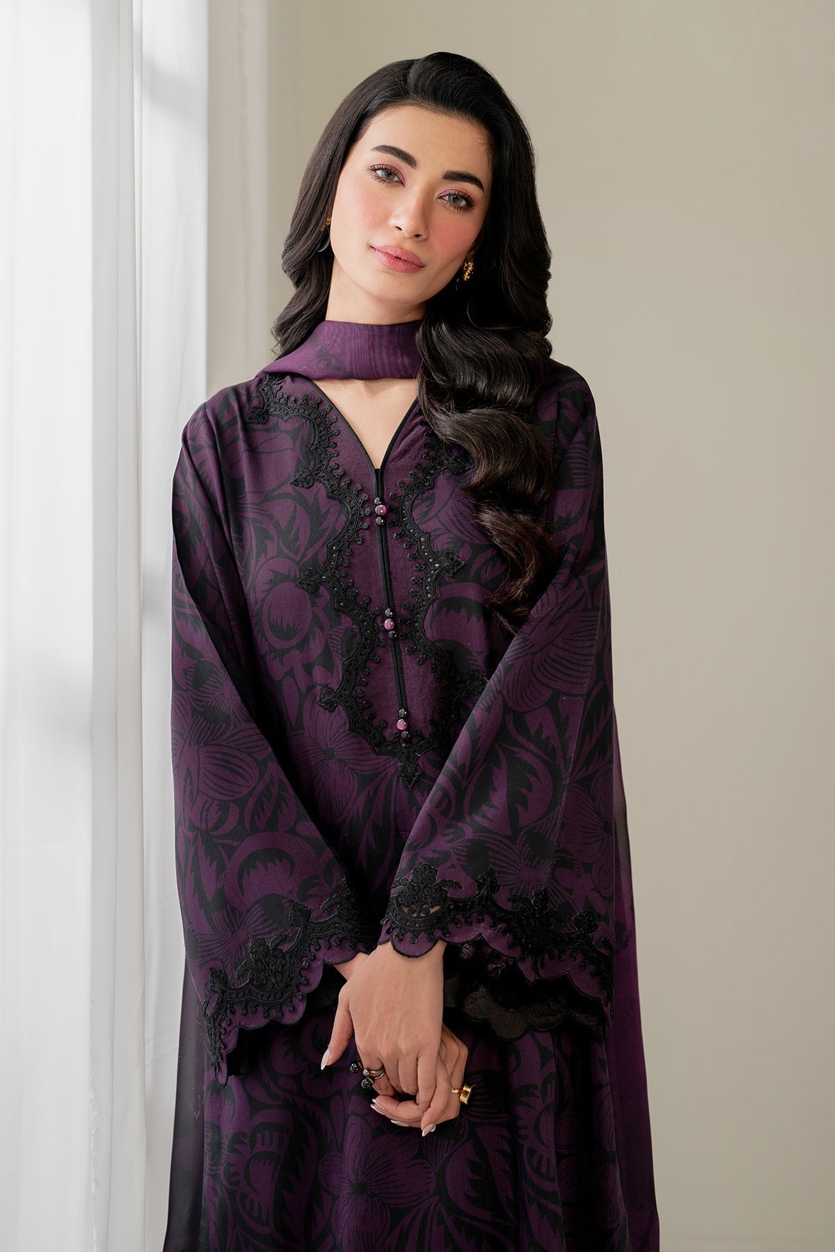 3PC-Printed Lawn Shirt With Voile Printed Dupatta-1550