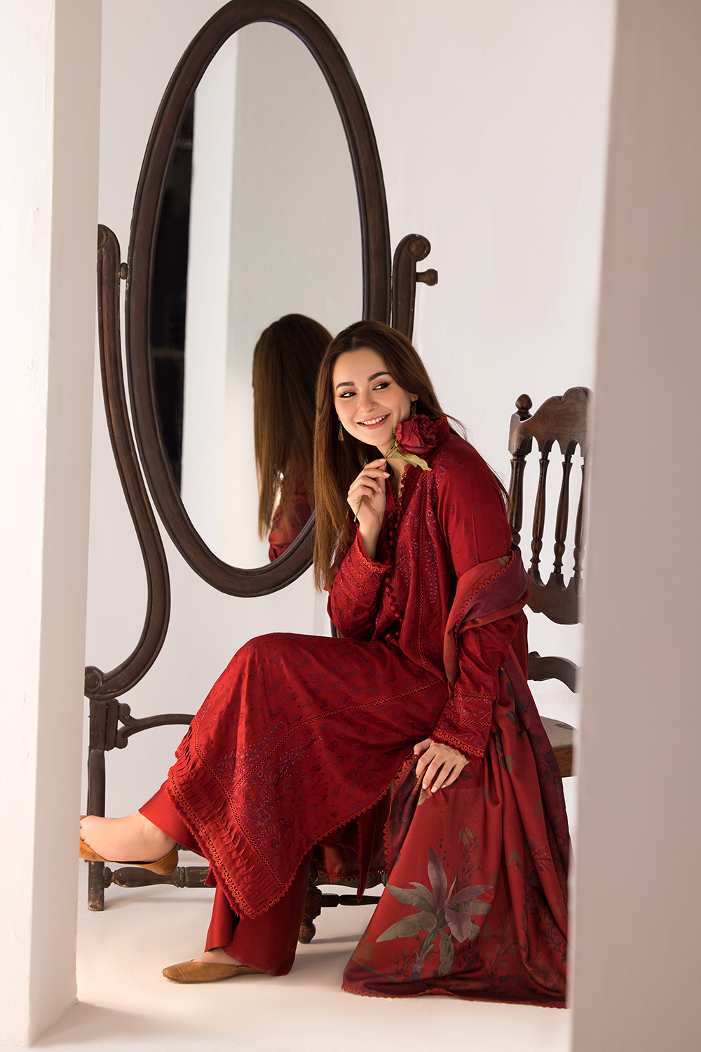 SOBIA NAZIR - 3PC DHANAK EMBROIDERED SHIRT WITH TWILL PRINTED SHAWL AND TROUSER-688