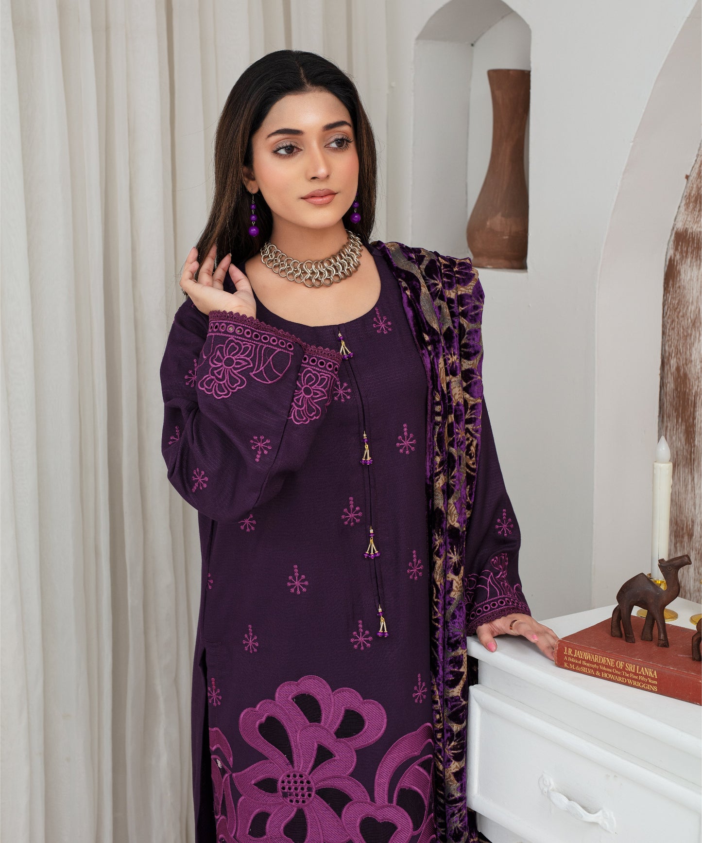 CREATION Dhanak 3PC Chikankari Embroidered Shirt With Velvet Plachi Shawl- 2108