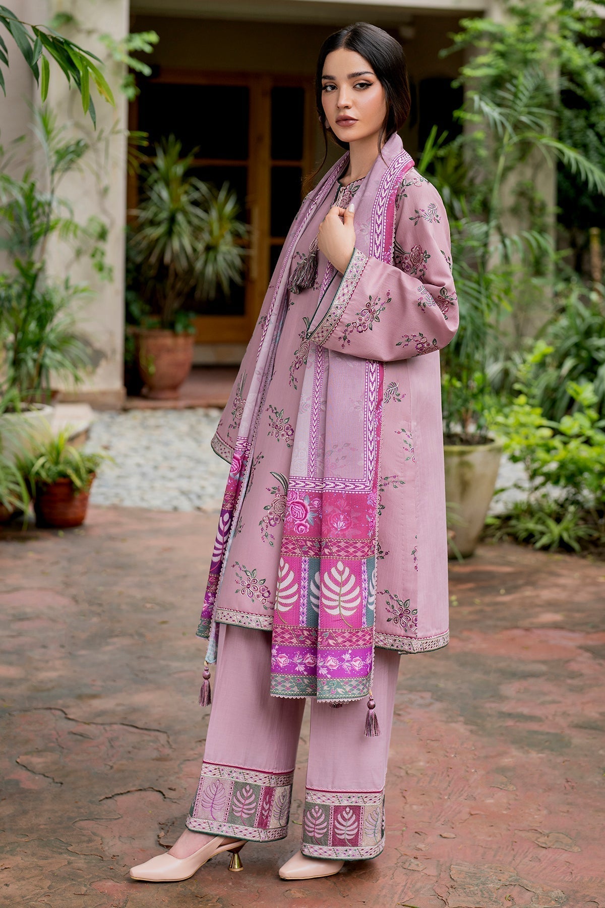 JAZMIN 3PC Dhanak Embroidered Shirt With Digital Printed Shawl-288