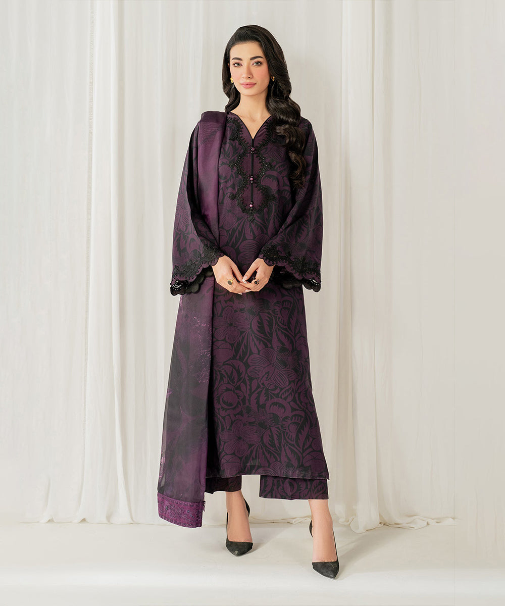 3PC-Printed Lawn Shirt With Voile Printed Dupatta-1550