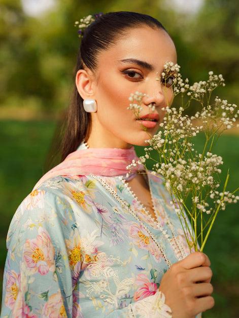 3PC-Printed Lawn Shirt With Voile Printed Dupatta-1548