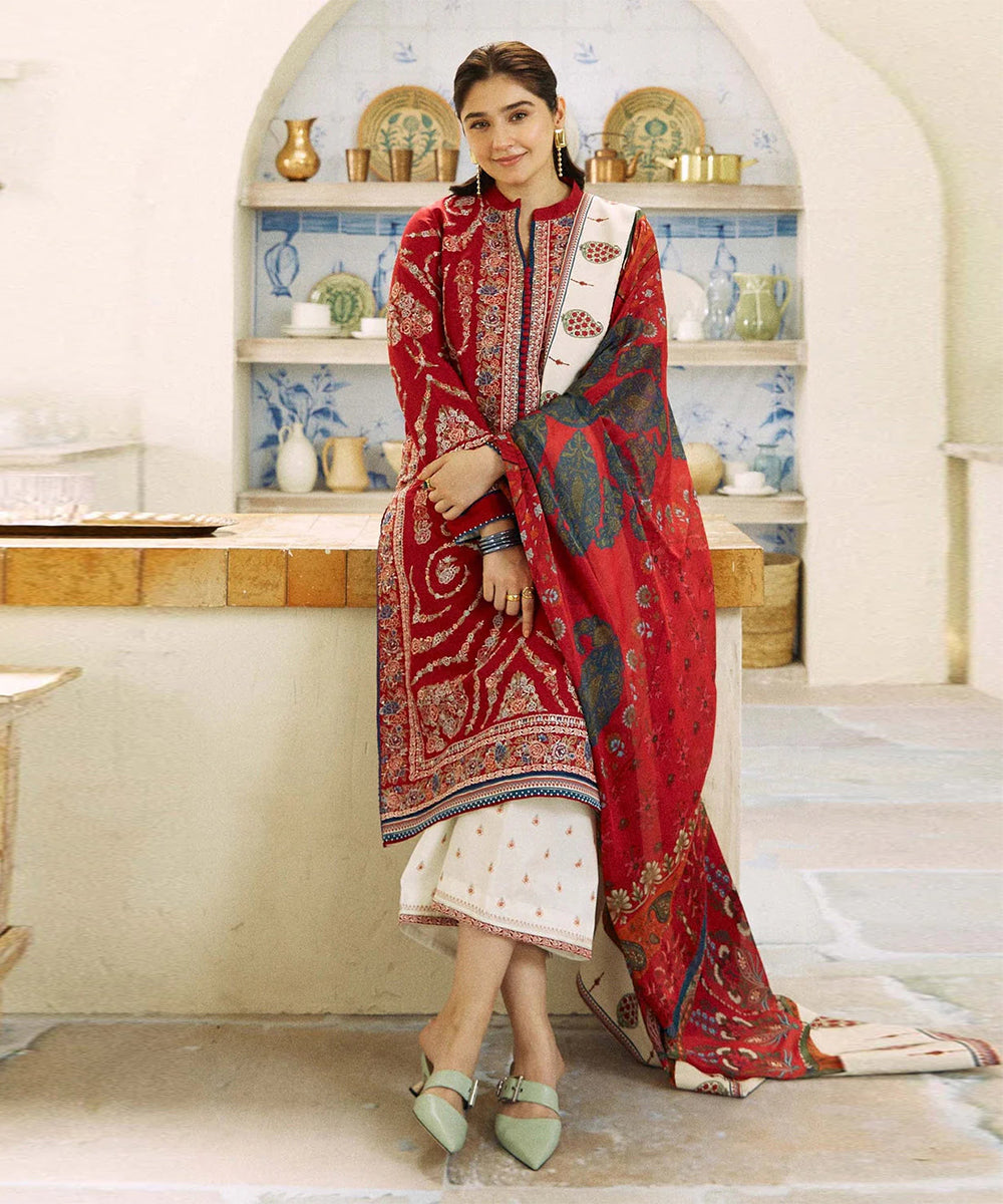 Dhanak 3PC Embroidered Shirt With Digital printed wool shawl-659