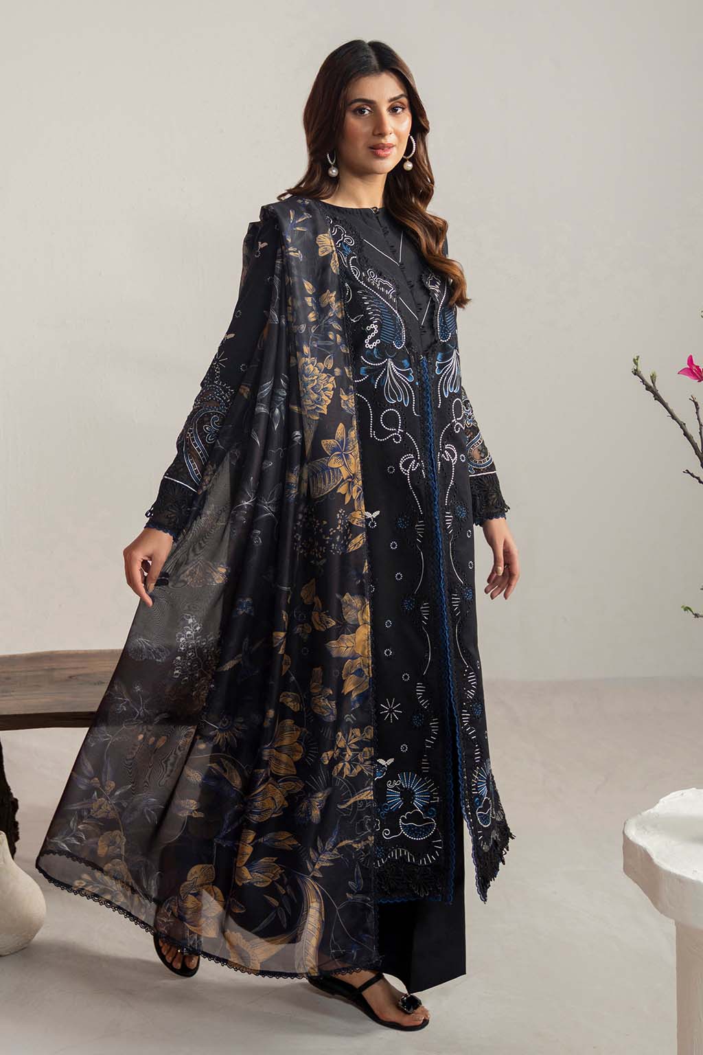 Dhanak-3PC Embroidered Shirt with Digital Printed Wool Shawl- 3365