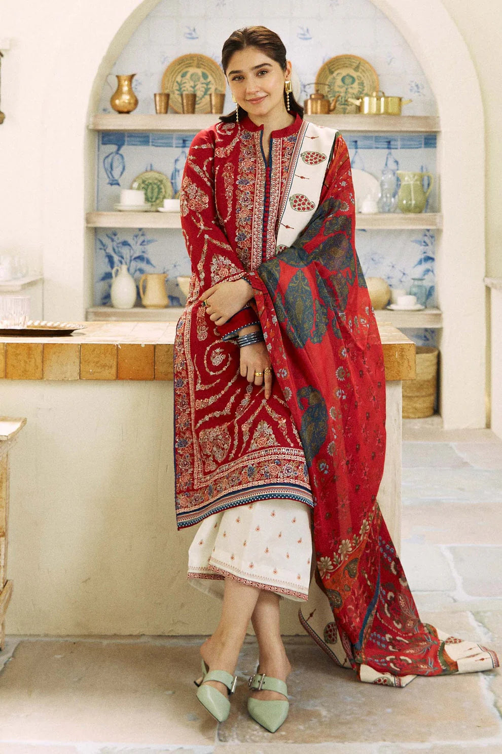 Dhanak 3PC Embroidered Shirt With Digital printed wool shawl-659