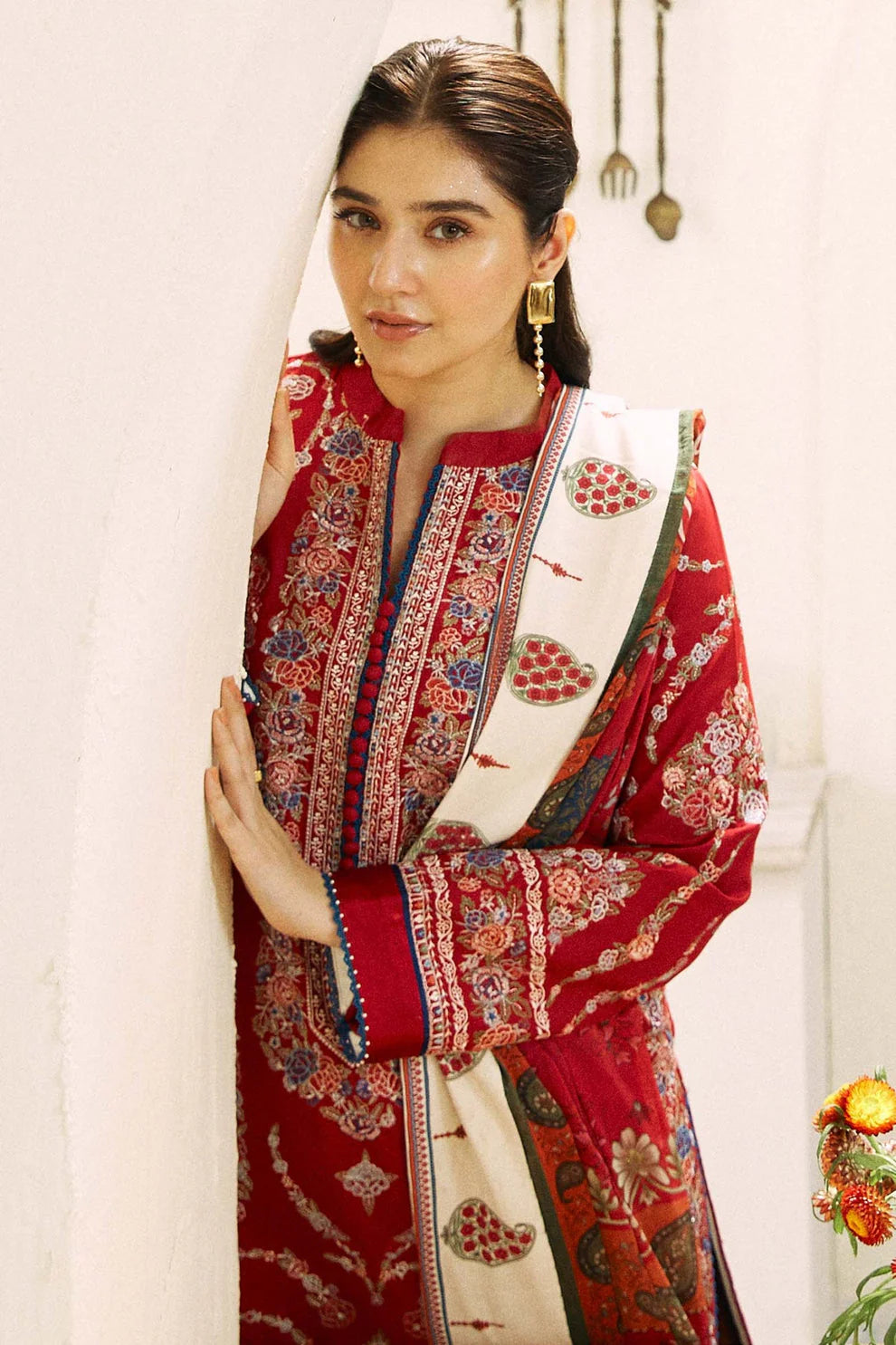 Dhanak 3PC Embroidered Shirt With Digital printed wool shawl-659