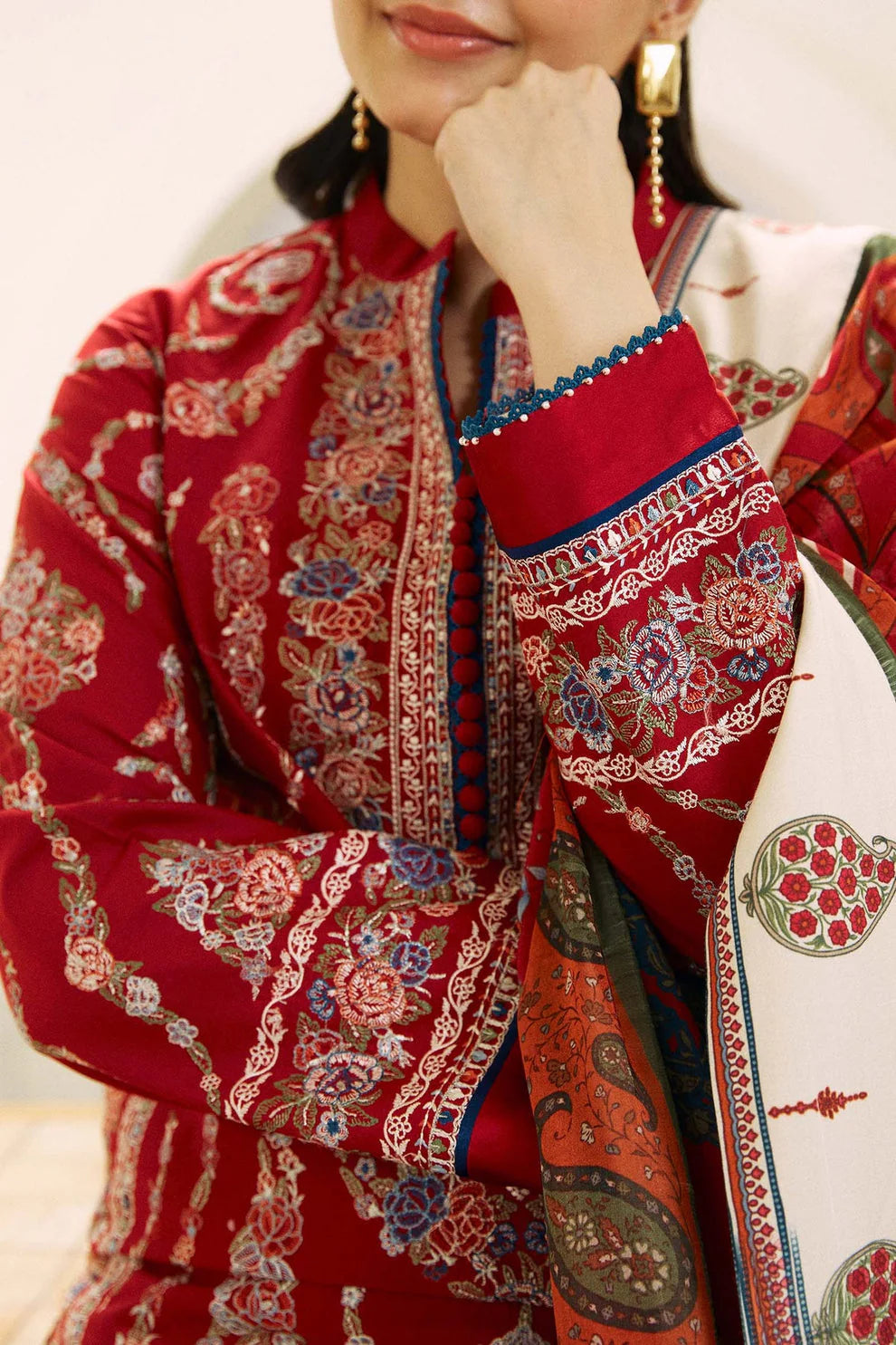 Dhanak 3PC Embroidered Shirt With Digital printed wool shawl-659