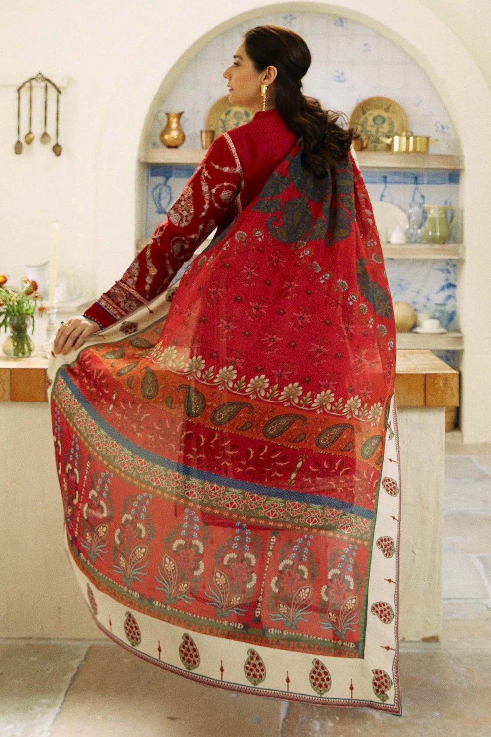 Dhanak 3PC Embroidered Shirt With Digital printed wool shawl-659