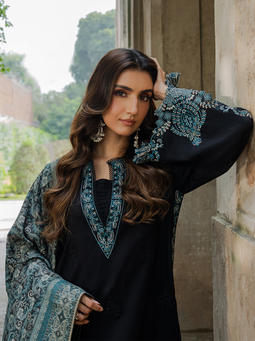 Dhanak-3PC Embroidered Shirt with Digital Printed Wool Shawl - 3552