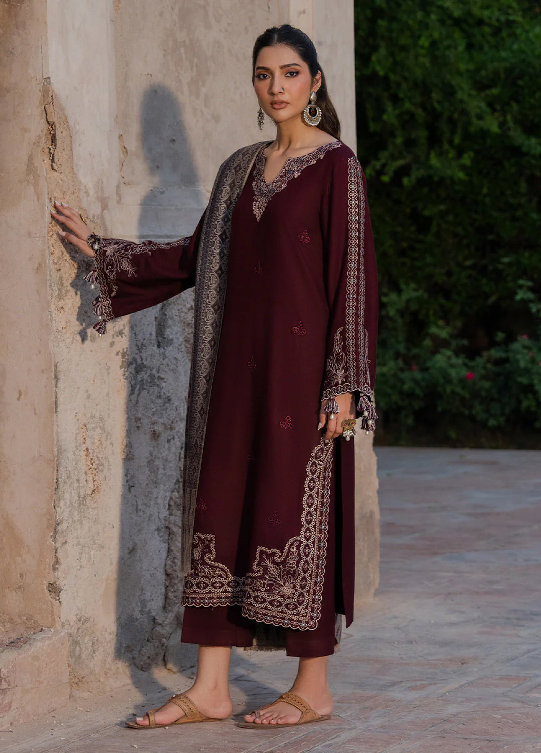 Dhanak-3PC Embroidered Shirt with Digital Printed Wool Shawl - 3537