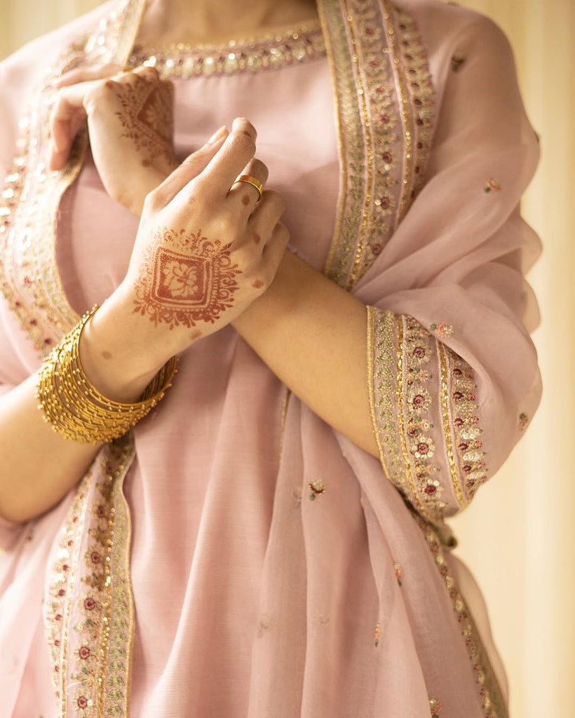 Dhanak-3PC Embroidered Shirt with Organza Sequins Embroidered Dupatta- 3342