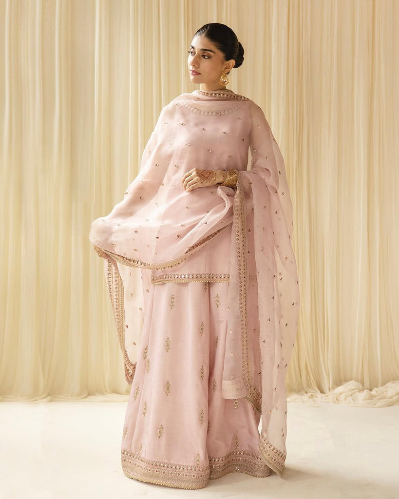 Dhanak-3PC Embroidered Shirt with Organza Sequins Embroidered Dupatta- 3342