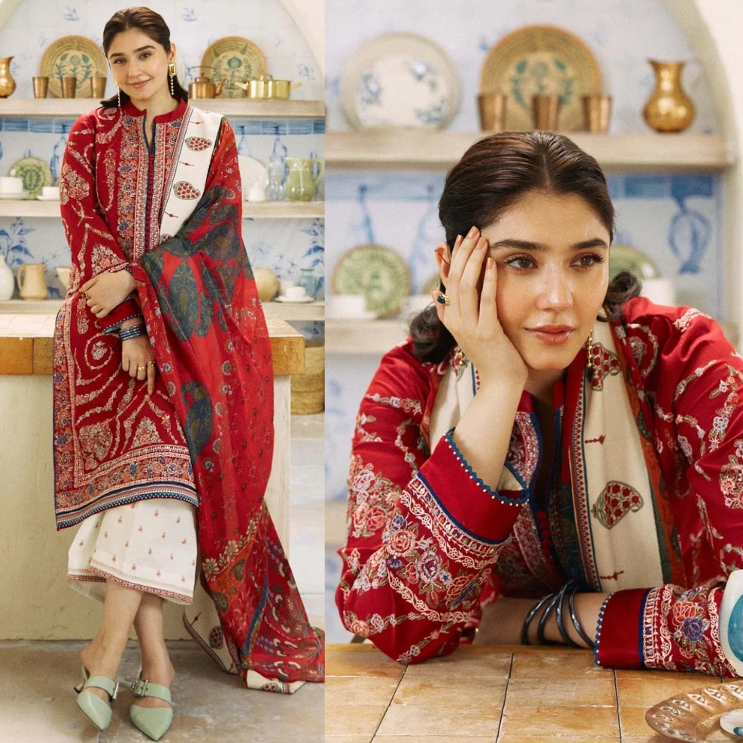 Dhanak 3PC Embroidered Shirt With Digital printed wool shawl-659