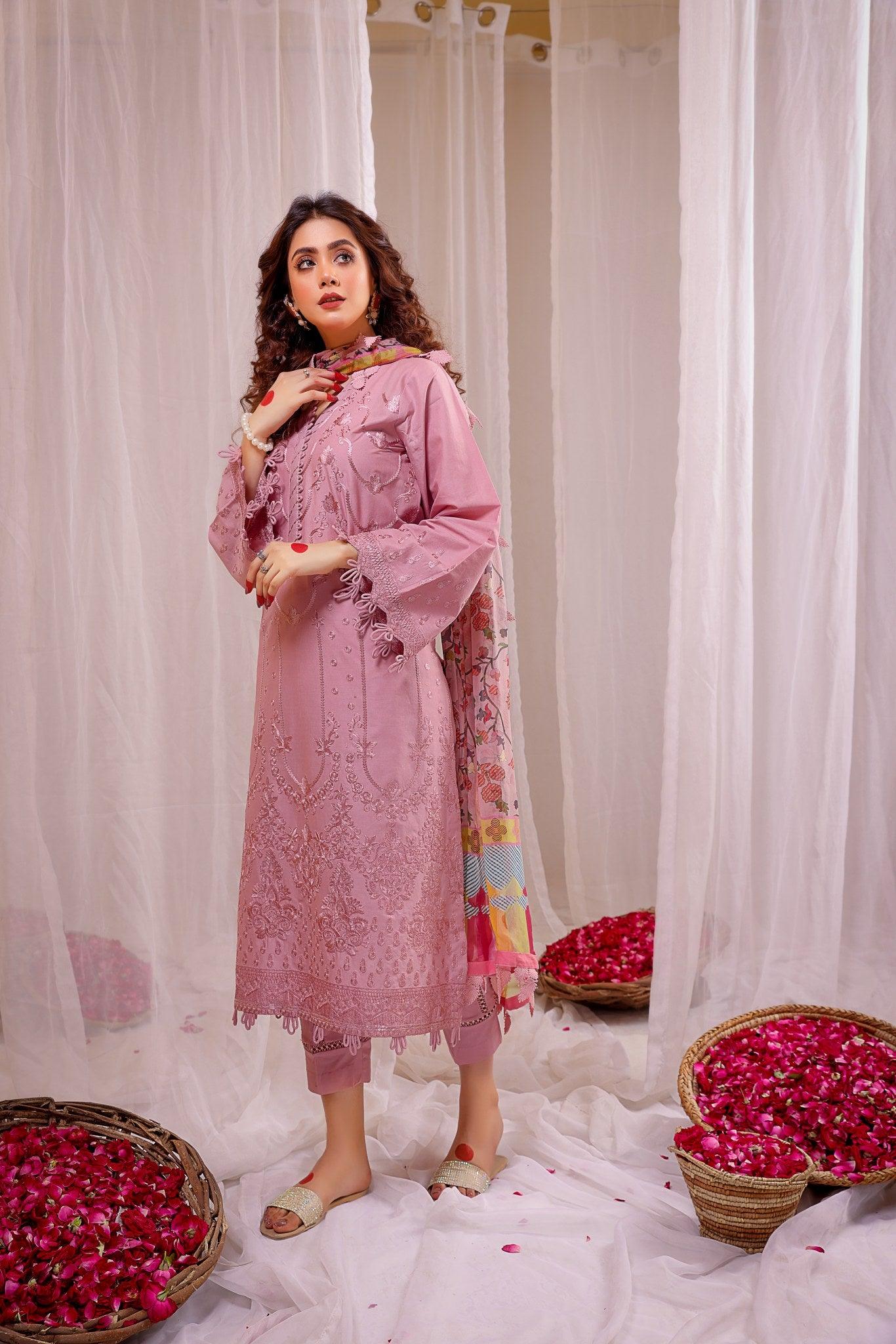 Dhanak-3PC Embroidered Shirt with Digital Printed Wool Shawl - 664