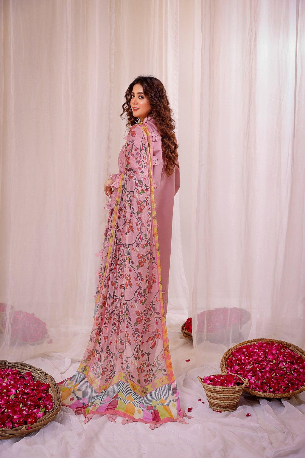 Dhanak-3PC Embroidered Shirt with Digital Printed Wool Shawl - 664