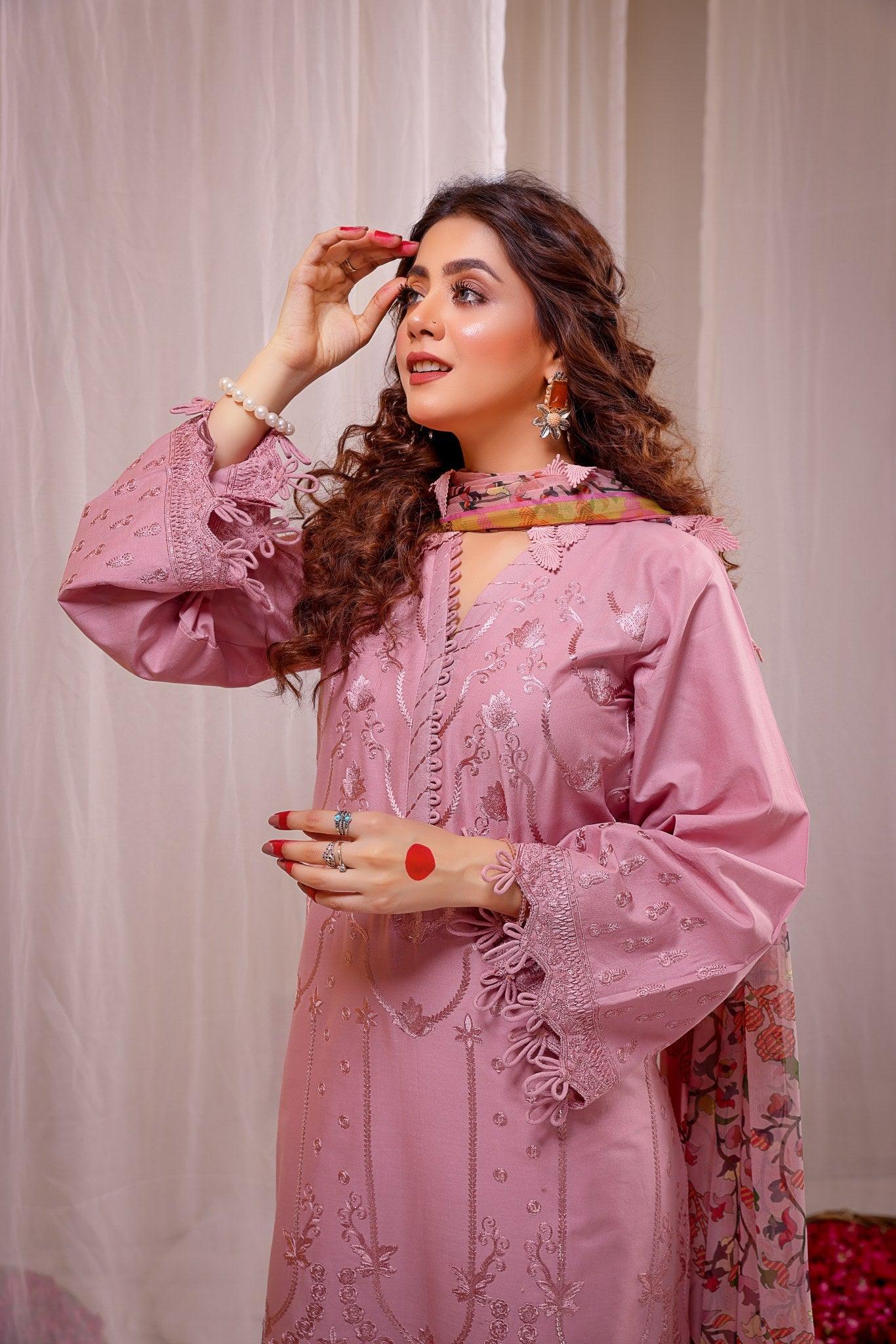Dhanak-3PC Embroidered Shirt with Digital Printed Wool Shawl - 664