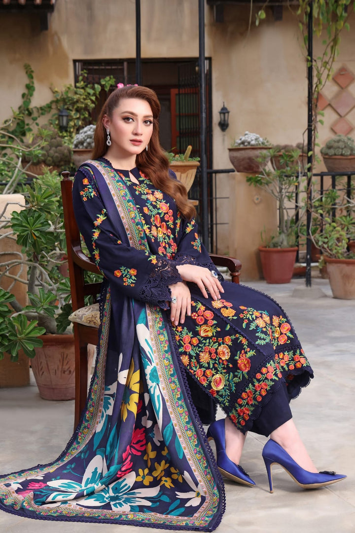 Dhanak-3PC Embroidered Shirt with Digital Printed Wool Shawl - 3545