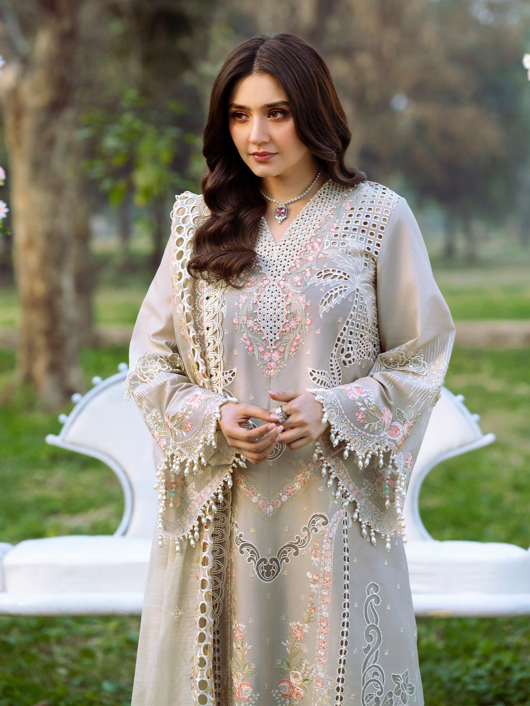 Lawn-3PC Chikankari Embroidered Shirt With Khadi Net Embroidered Dupatta-5329
