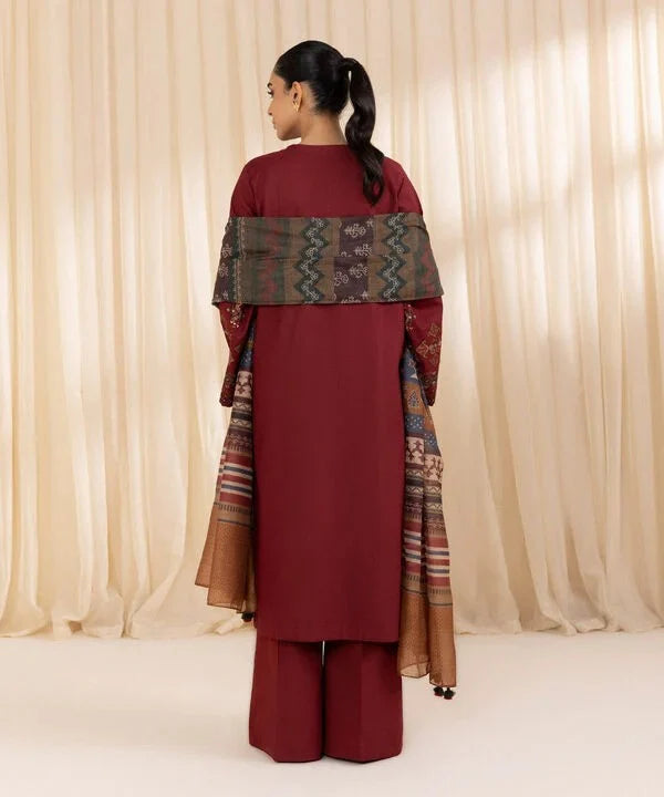 Dhanak-3PC Embroidered Shirt with Digital Printed Wool Shawl - 3268