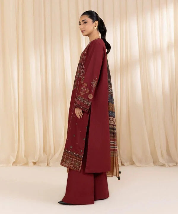 Dhanak-3PC Embroidered Shirt with Digital Printed Wool Shawl - 3268