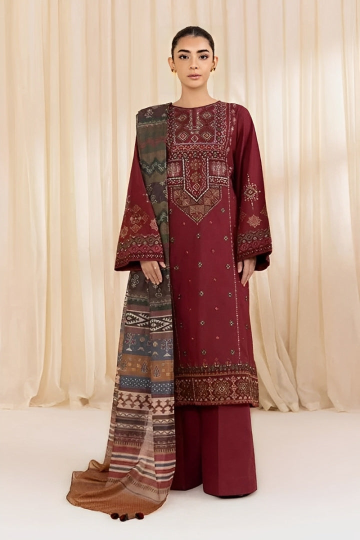 Dhanak-3PC Embroidered Shirt with Digital Printed Wool Shawl - 3268