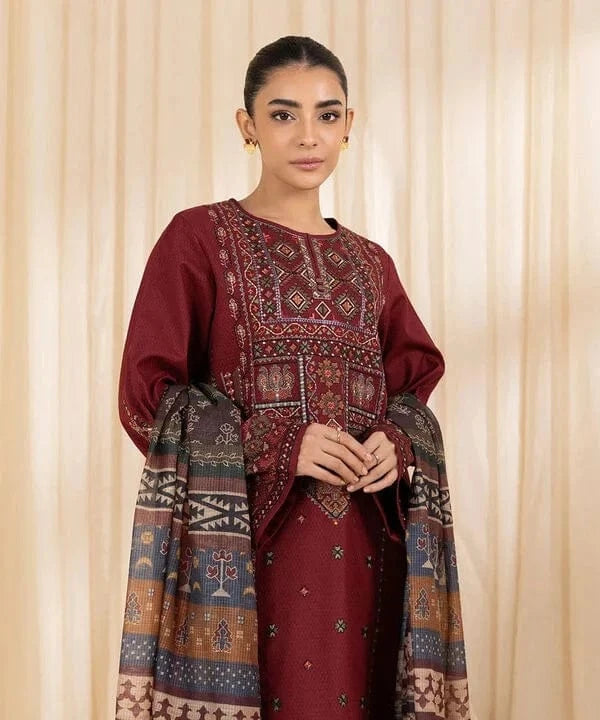 Dhanak-3PC Embroidered Shirt with Digital Printed Wool Shawl - 3268