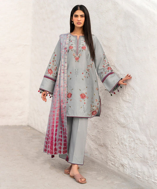 Lawn-3PC Chikankari Embroidered With Digital Printed Jacquard Dupatta-5192