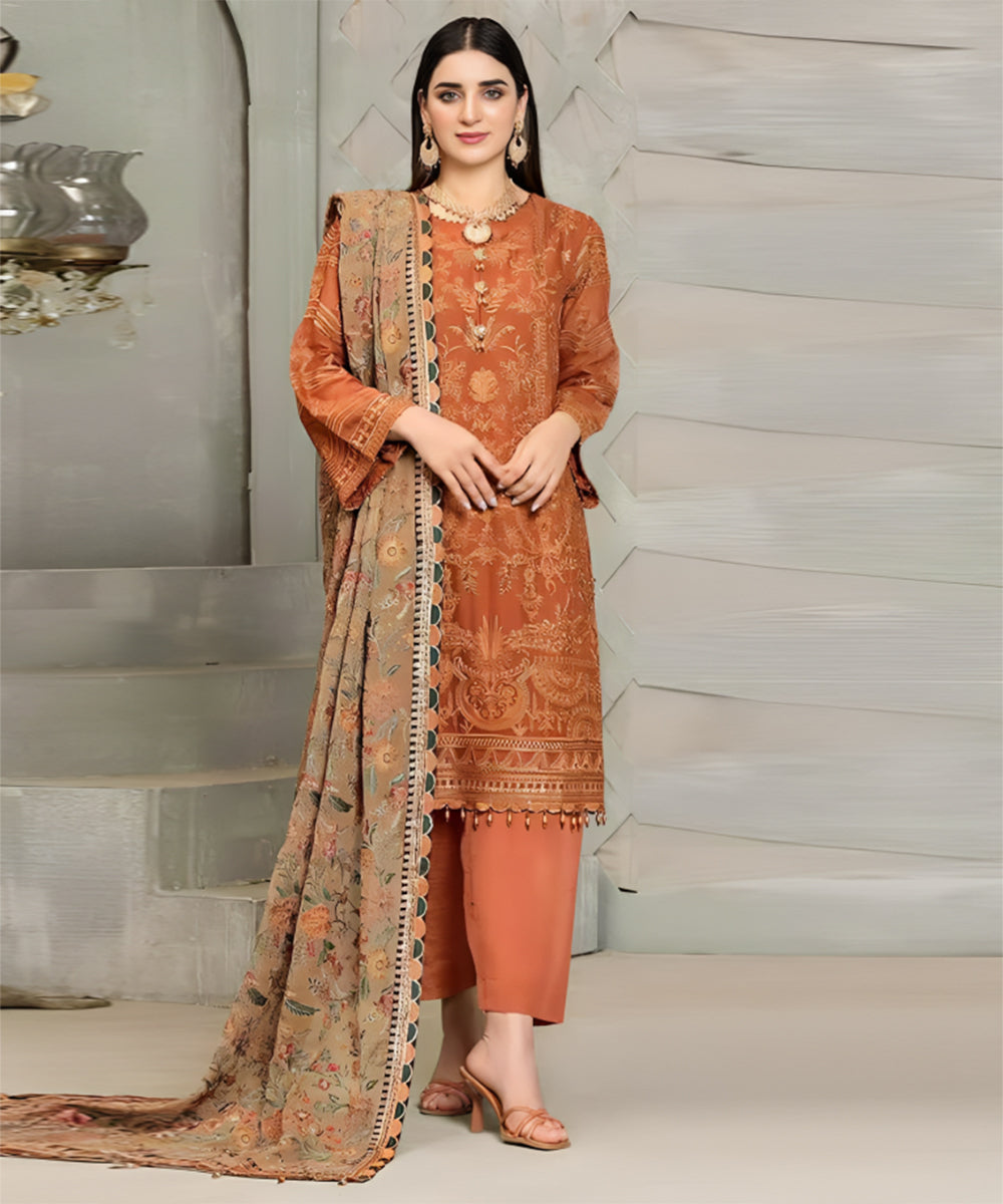 Linen 3PC Embroidered With Chiffon Embroidered Dupatta-672