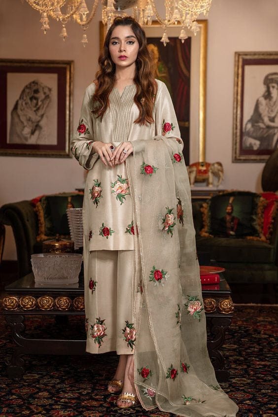 Silk 3PC Embroidered With Organza Embroidered Dupatta-1316