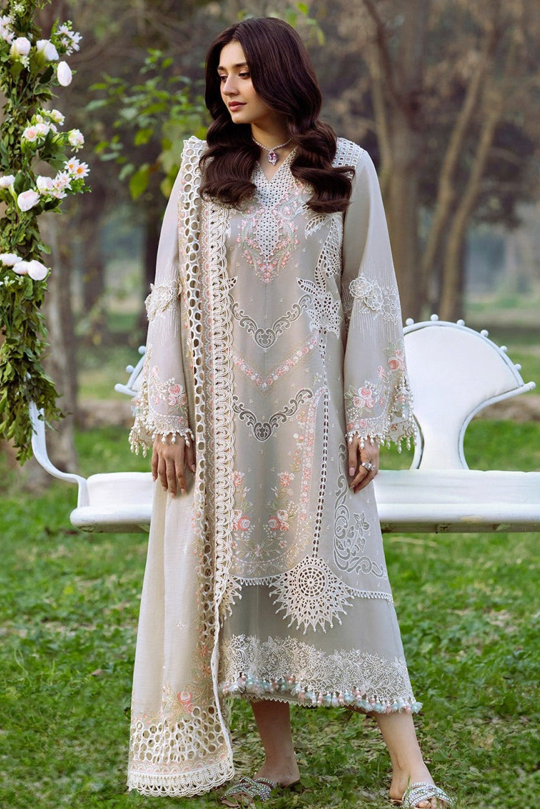 Lawn-3PC Chikankari Embroidered Shirt With Khadi Net Embroidered Dupatta-5329