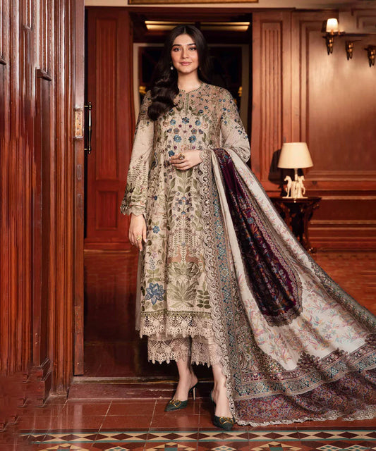 Dhanak-3PC Embroidered Shirt with Digital Printed Wool Shawl - 3391