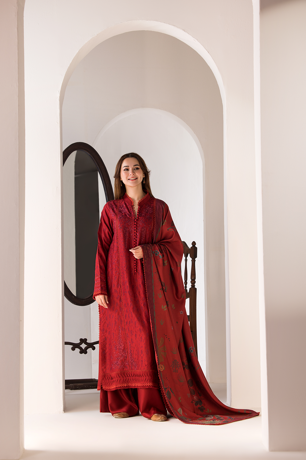 Dhanak-3PC Embroidered Shirt with Digital Printed Wool Shawl - 688