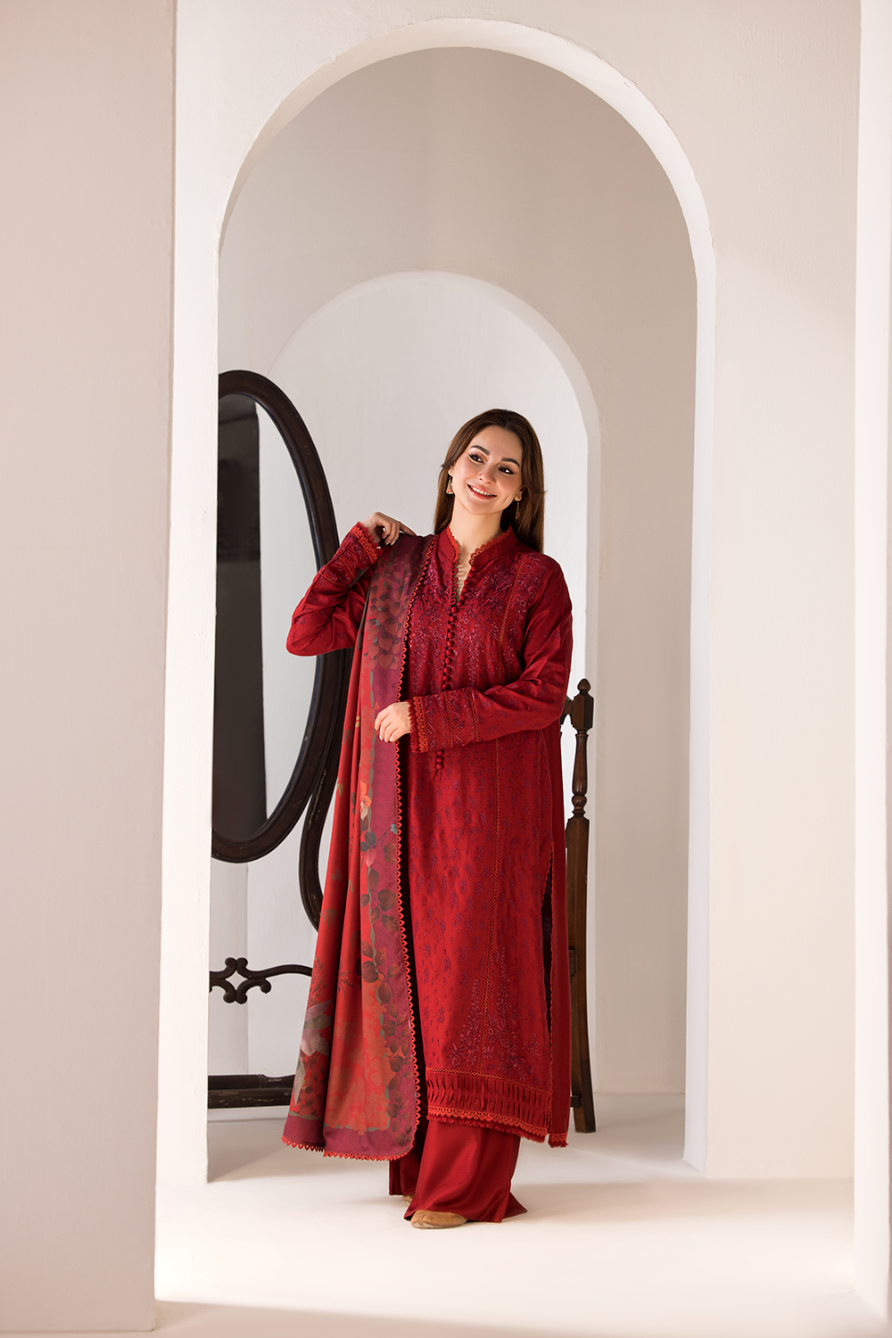 Dhanak-3PC Embroidered Shirt with Digital Printed Wool Shawl - 688