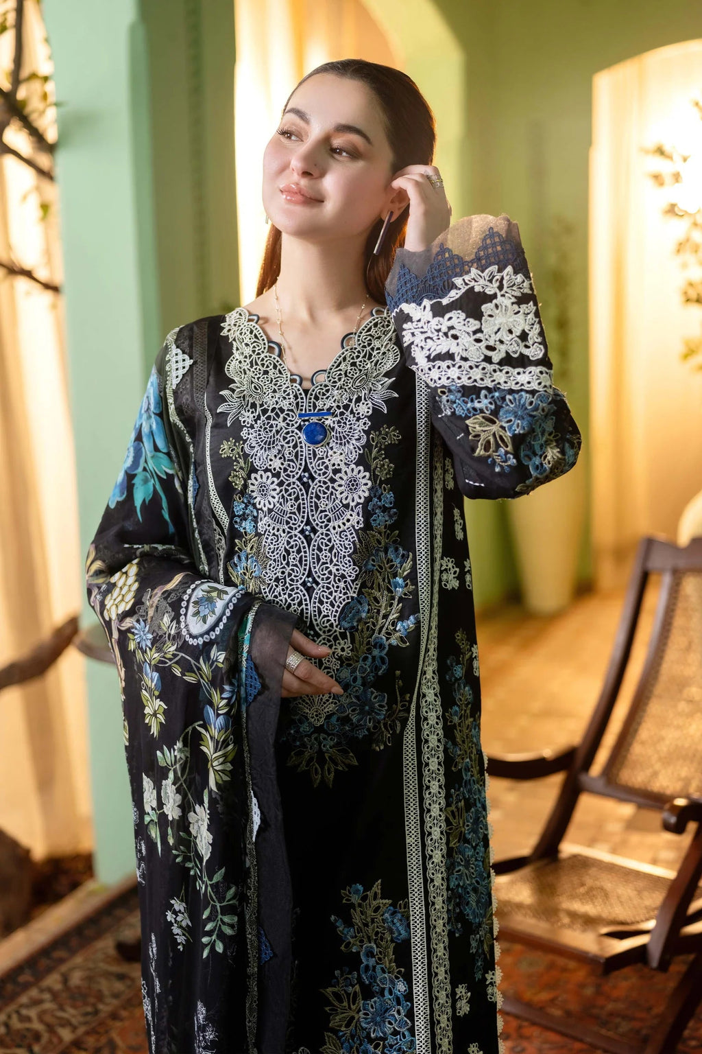 Dhanak-3PC Embroidered Shirt with Digital Printed Wool Shawl - 3467