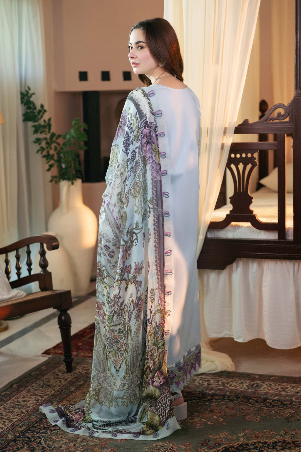 Dhanak-3PC Embroidered Shirt with Digital Printed Wool Shawl - 3313