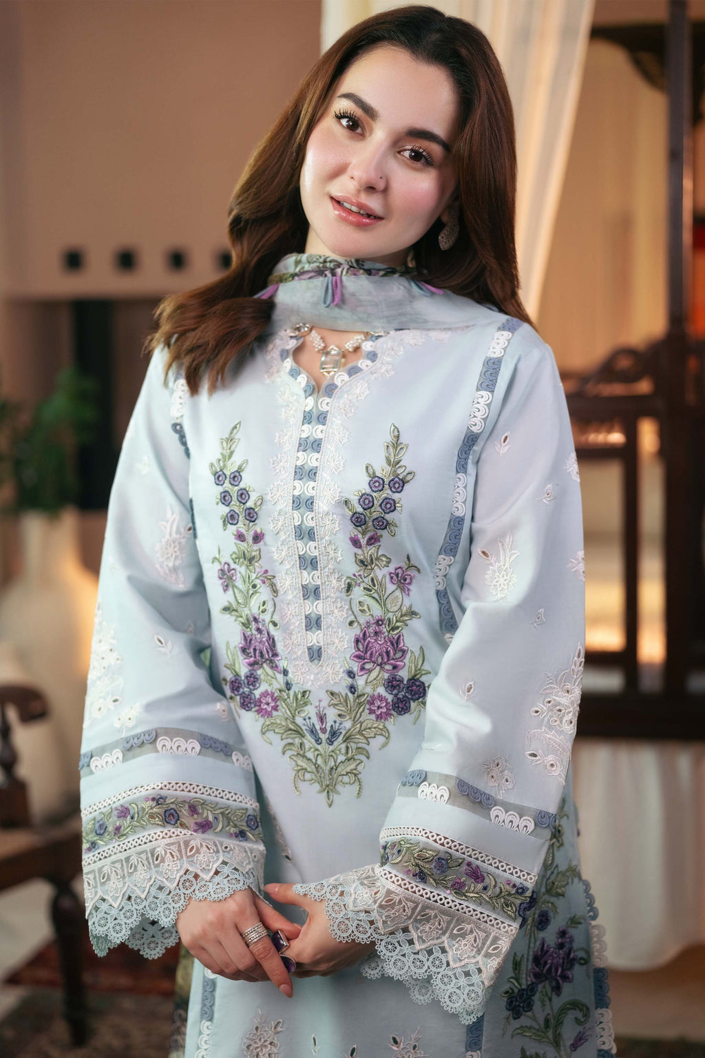 Dhanak-3PC Embroidered Shirt with Digital Printed Wool Shawl - 3313