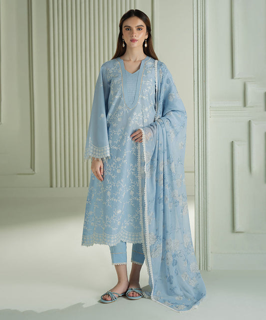 Dhanak-3PC Embroidered Shirt with Digital Printed Wool Shawl - 3301