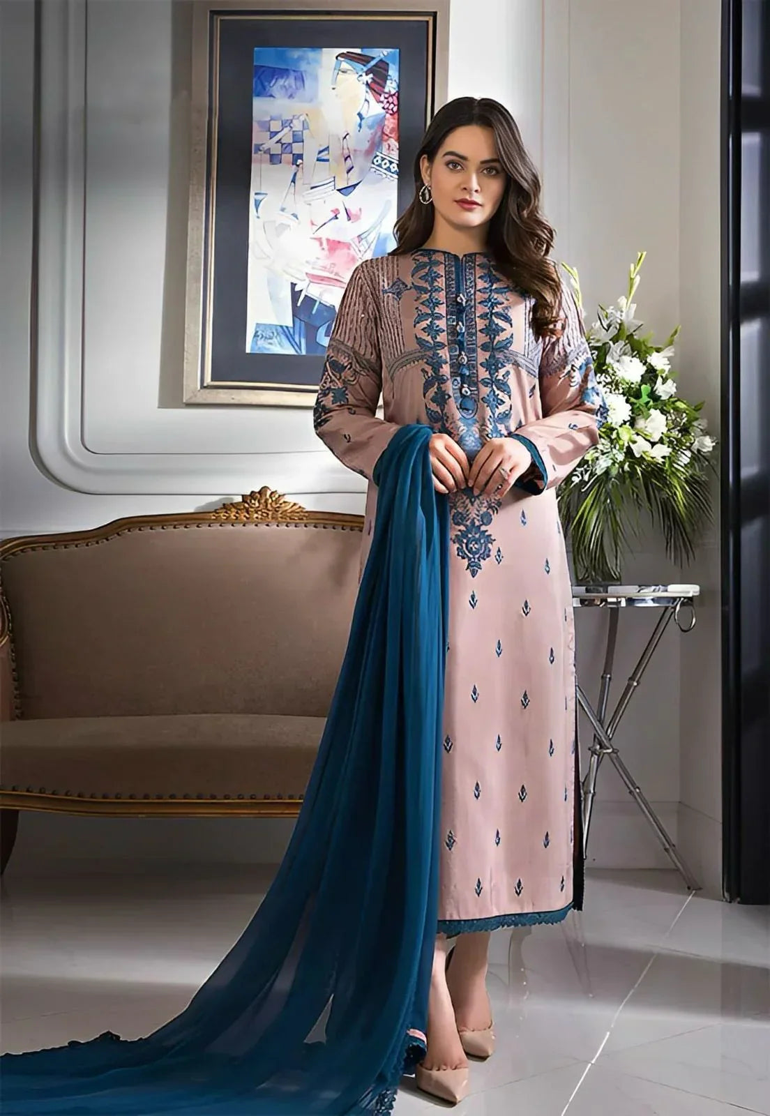 Lawn-3PC Embroidered With Chiffon Dupatta-5063
