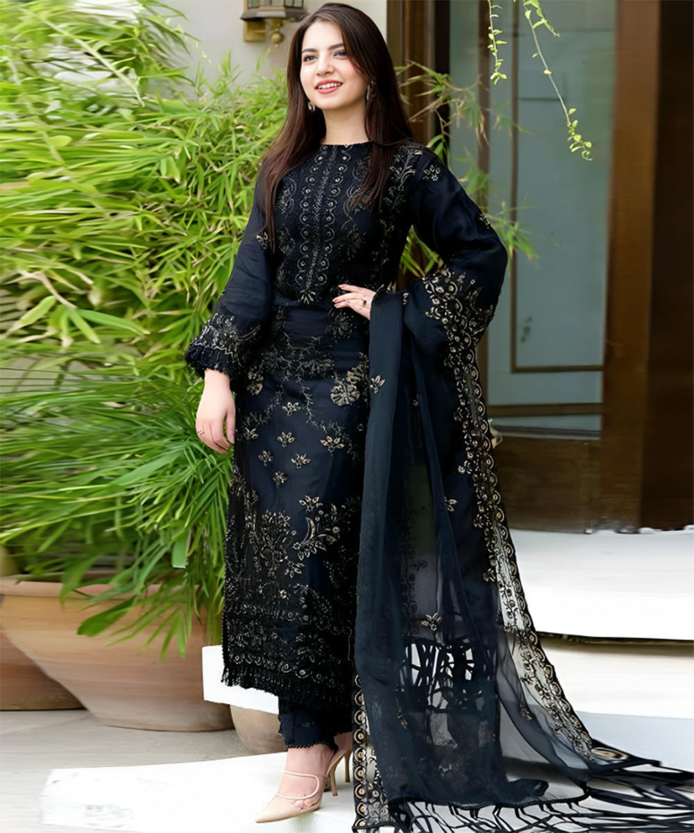 Black Linen 3PC Embroidered-842