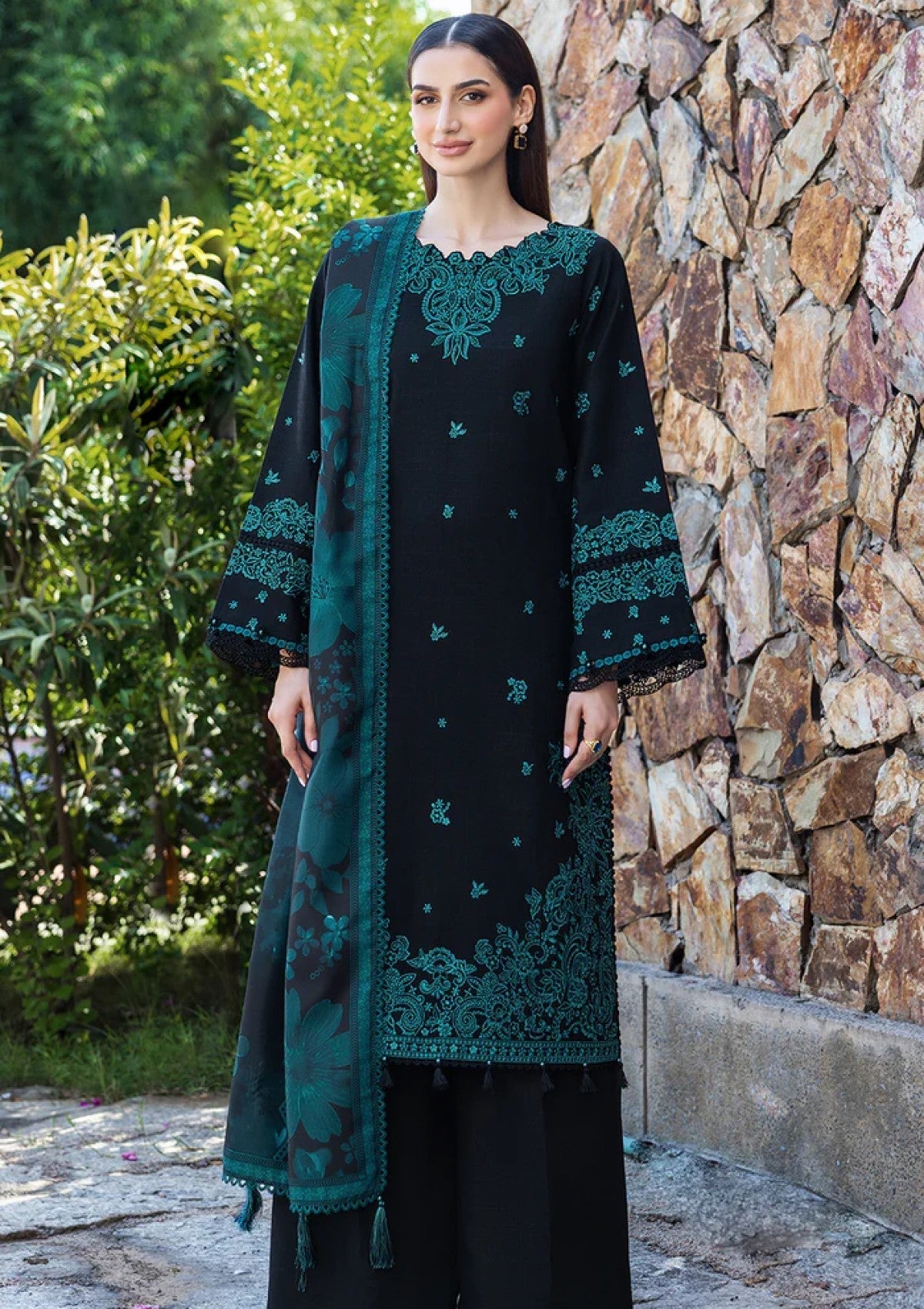 Dhanak-3PC Embroidered Shirt with Digital Printed Wool Shawl - 6098