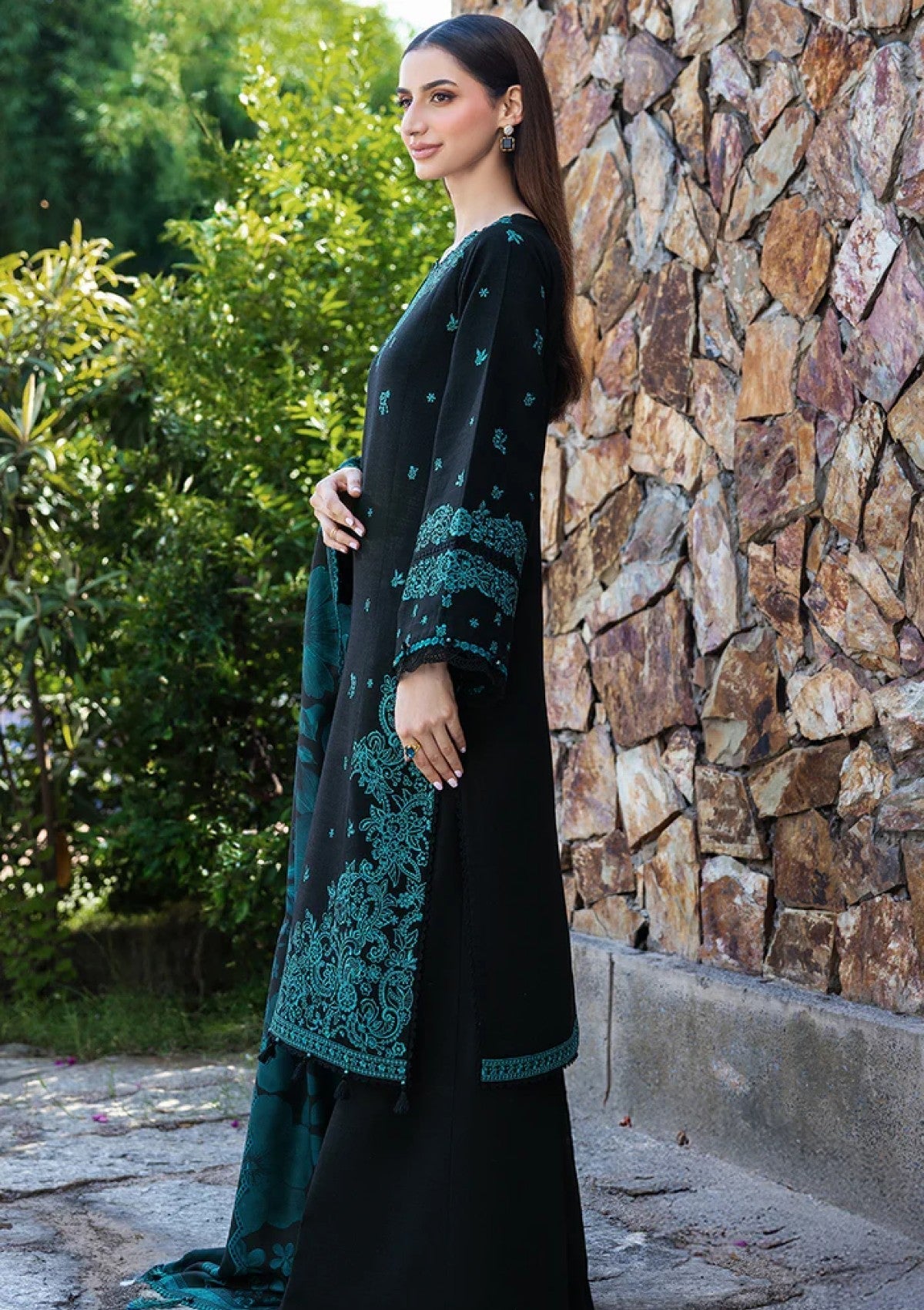 Dhanak-3PC Embroidered Shirt with Digital Printed Wool Shawl - 6098