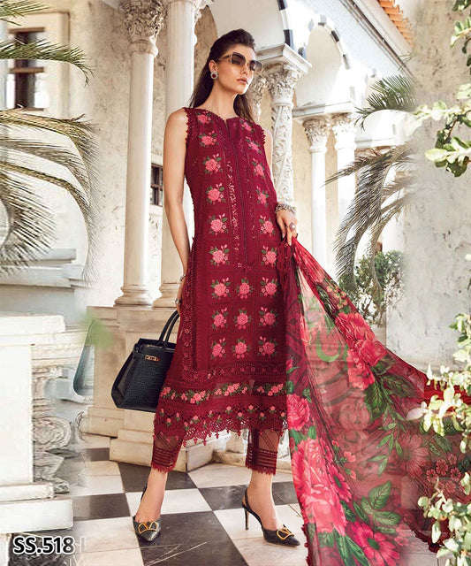 MARIA B. LAWN 3PC EMBROIDERED SHIRT WITH DIGITAL PRINTED DUPATTA-518