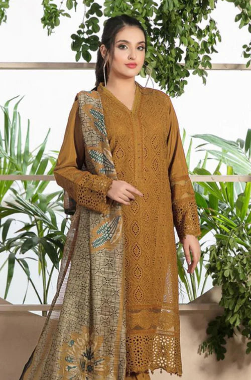 Lawn 3PC Chickenkari Embroidered Shirt With Print Shawl-321