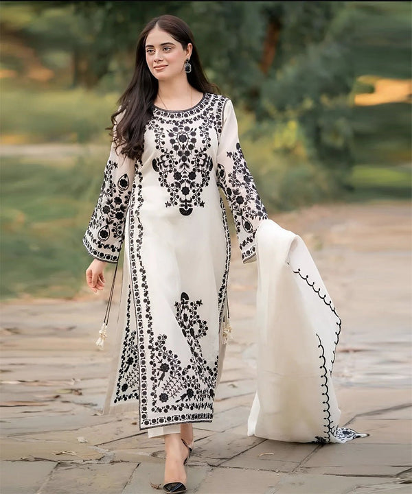 Dhanak-3PC Embroidered Shirt with Chiffon Embroidered Dupatta - 6019