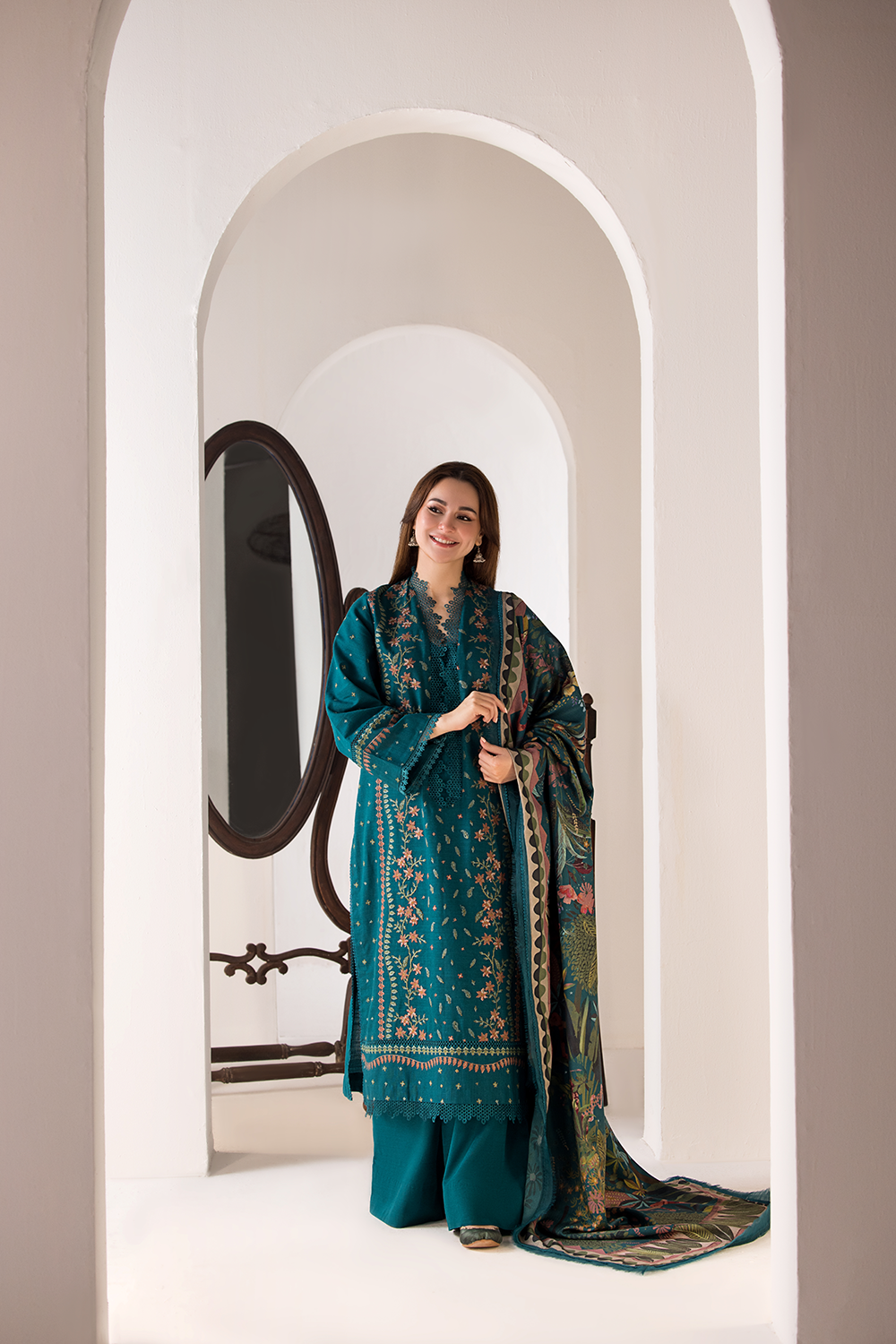 Dhanak-3PC Embroidered Shirt with Digital Printed Wool Shawl - 685