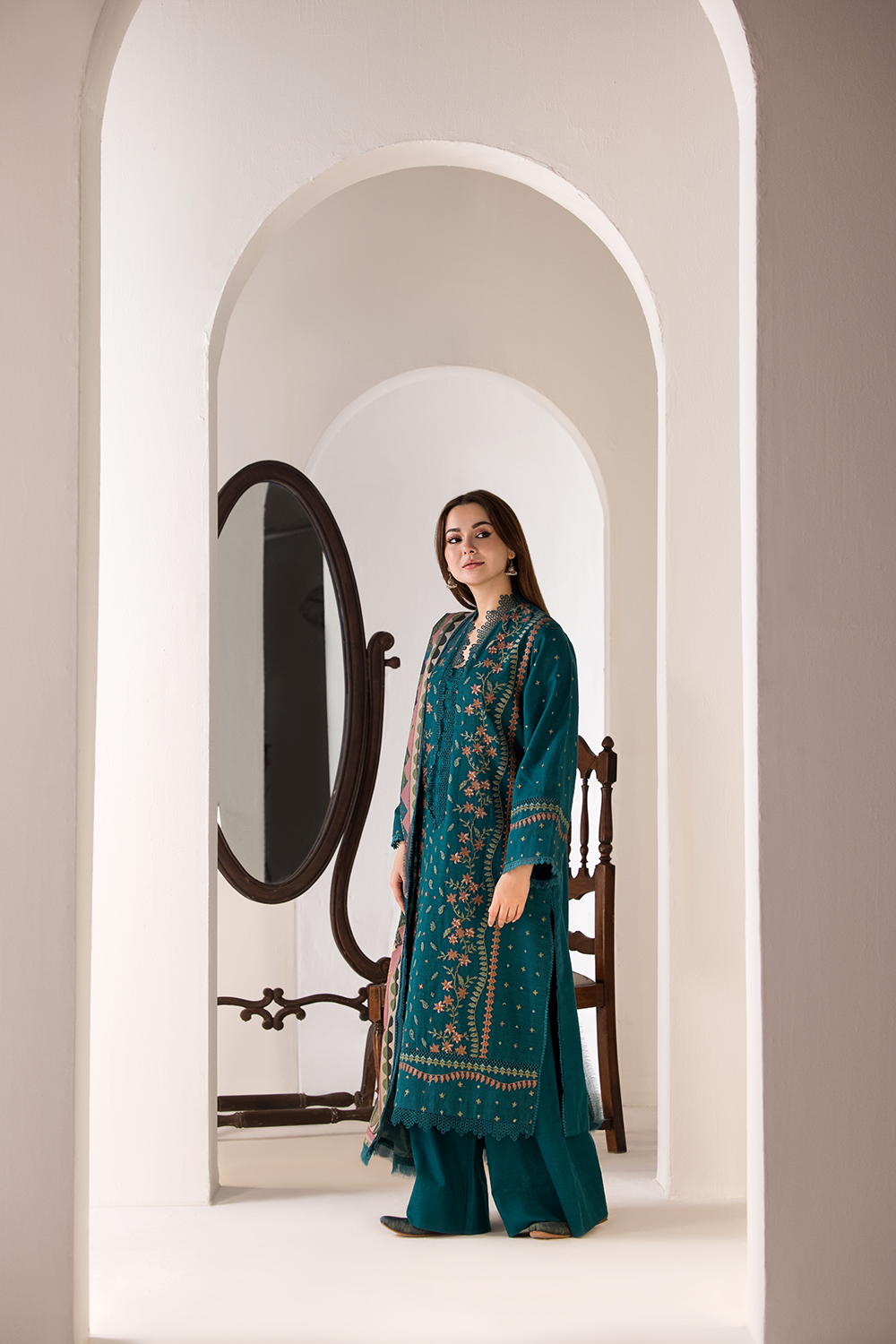 Dhanak-3PC Embroidered Shirt with Digital Printed Wool Shawl - 685