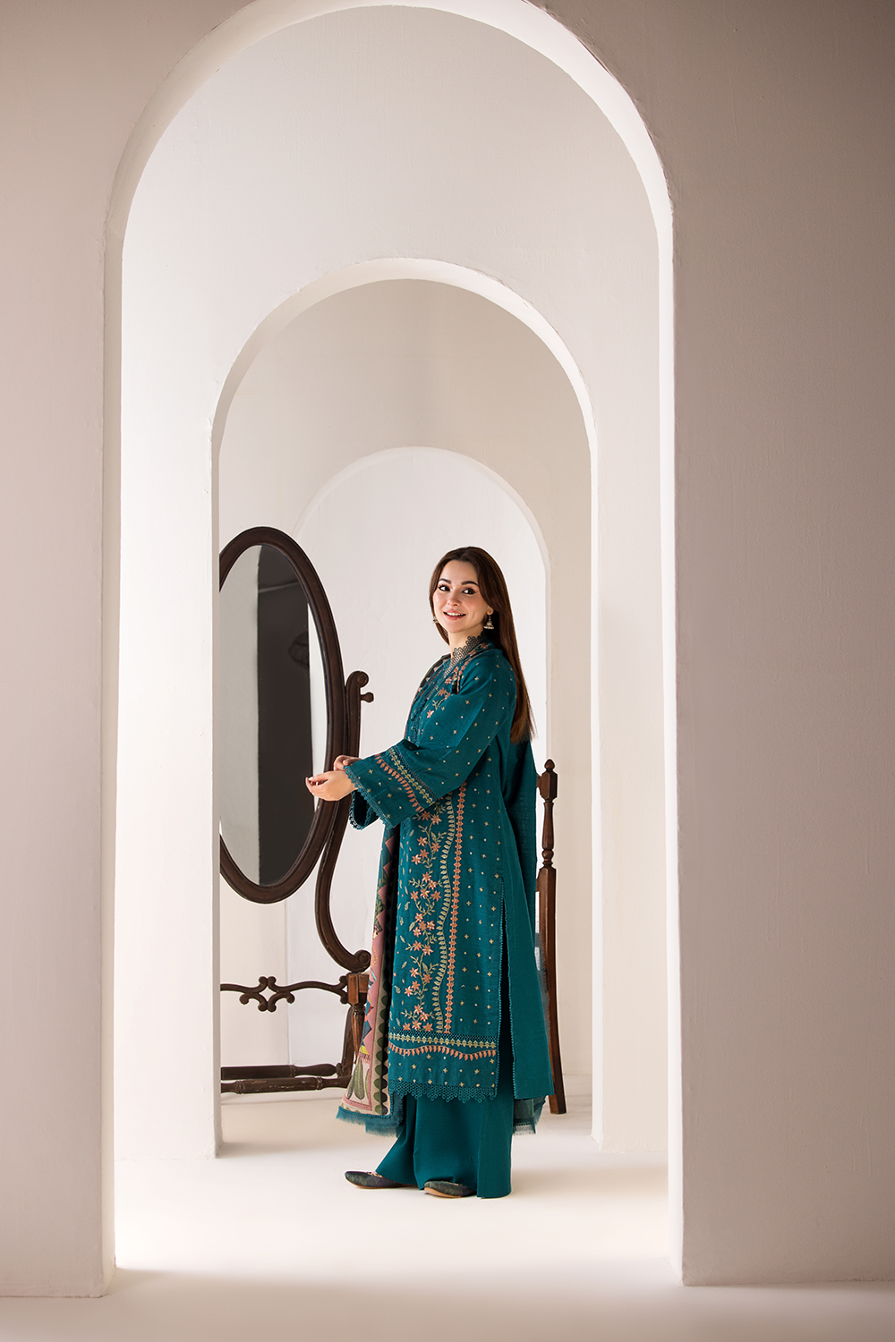 Dhanak-3PC Embroidered Shirt with Digital Printed Wool Shawl - 685
