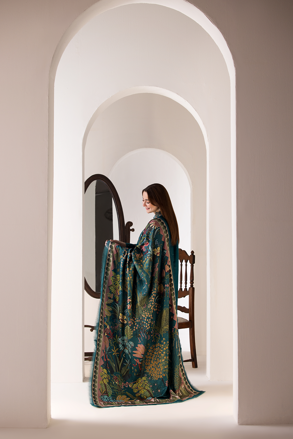 Dhanak-3PC Embroidered Shirt with Digital Printed Wool Shawl - 685